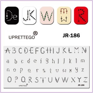 Пластина для друку на нігтях JR-186, друк на нігтях, англійський алфавіт, літери із сердечками, літери зі стрілками