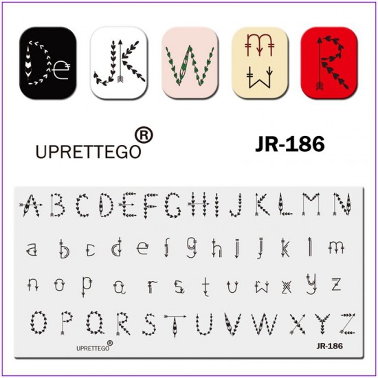 Пластина для печати на ногтях JR-186, печать на ногтях, английский алфавит, буквы с сердечками, буквы со стрелками