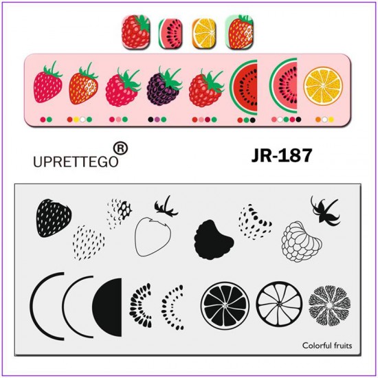 Пластина для печати на ногтях JR-187, стемпинг пластина, клубника, арбуз, малина, апельсин, полукруг