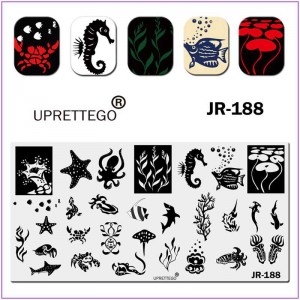 JR-188 Placa de impresión de uñas Mar Animales marinos Cangrejo Perla Tiburón Pescado Caballito de mar