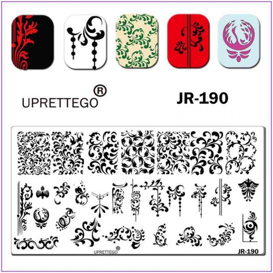 Пластина для печати на ногтях JR-190, пластина для стемпинга, вензеля, узоры, орнаменты, завитки, птица