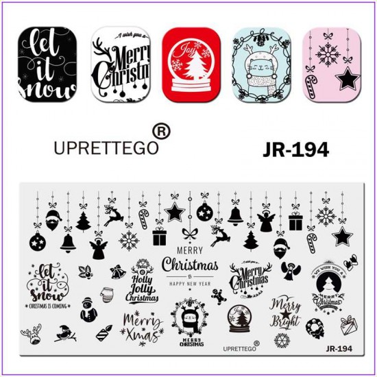 Пластина для печати на ногтях JR-194, Новый год, кот, шарф, елка, олень, подарок, игрушки на елку, снеговик, свеча