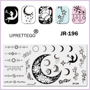 Пластина для друку на нігтях JR-196, стемпінг пластини, дівчина на місяці, місяць, півонія, зірки, серця