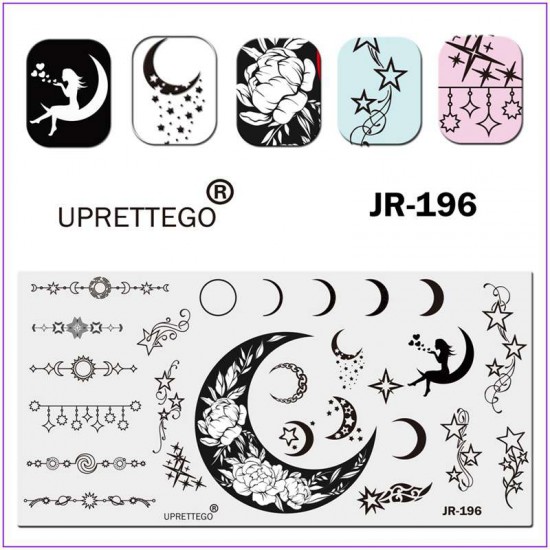 Пластина для печати на ногтях JR-196, стемпинг пластины, девушка на луне, луна, пион, звезды, сердца