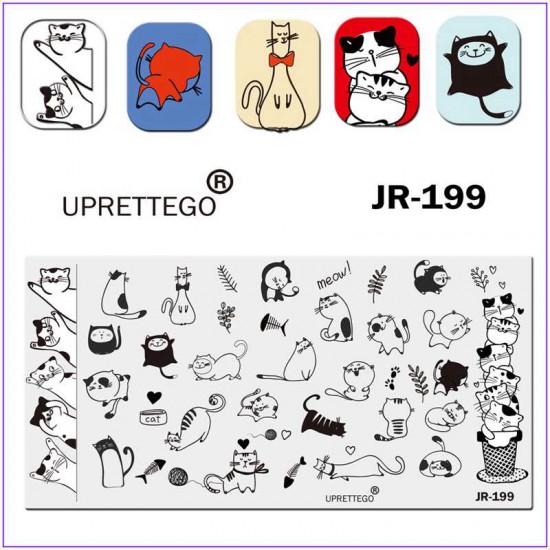 Пластина для печати на ногтях JR-199, коты, клубок ниток, рыба, тарелка, котики в вазе, ветки, лапки