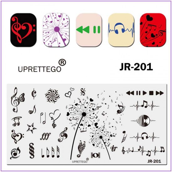 Пластина для печати на ногтях JR-201, ноты, музыка, бабочка, одуванчик, скрипичный ключ, сердце, наушники
