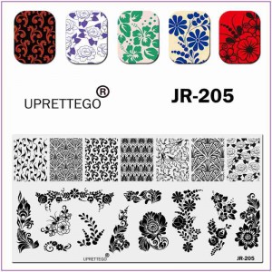 Пластина для друку на нігтях JR-205, друк на нігтях, рослинні вензелі, візерунки, завитки, квіти, листя