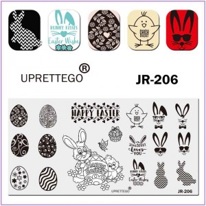 Пластина для друку на нігтях JR-206, стемпінг пластини, Великдень, кошик, кролик, яйця з орнаментом, заєць, курча