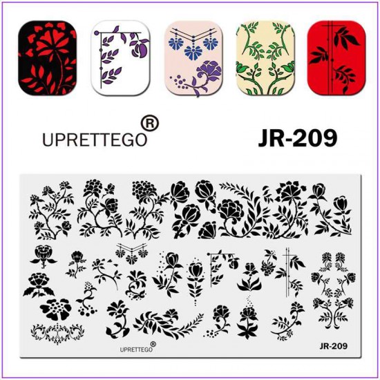 Пластина для печати на ногтях JR-209, стемпинг пластина, растительные орнаменты, цветы, калина. тюльпан