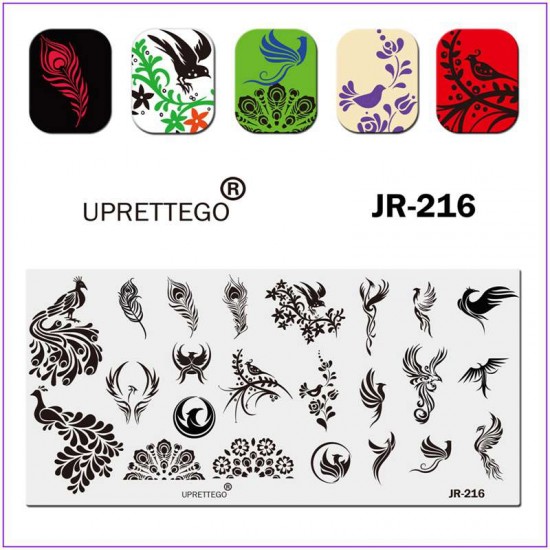 Пластина для друку на нігтях JR-216, стемпінг пластина, пір'я, павич, листя, вензелі, квіточки, орел