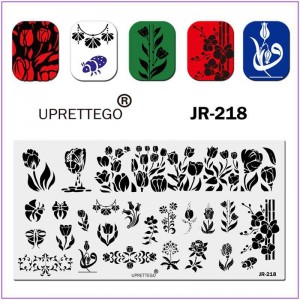 Пластина для друку на нігтях JR-218, стемпінг пластина, орхідея, тюльпан, півонія, жук, рослинні орнаменти