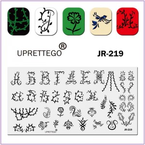 JR-219 Nail Stamping Platte Schriftzug Alphabet Vogel Schmetterling Zweig Blätter