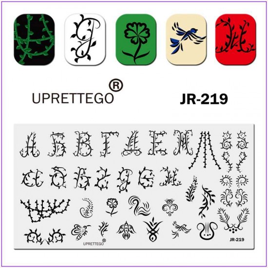 Пластина для печати на ногтях JR-219, стемпинг на ногтях, буквы, алфавит, птица, бабочка, ветка, листья