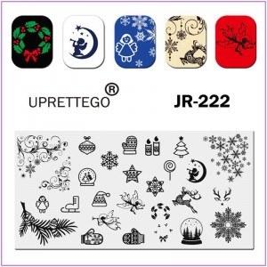 Пластина для друку на нігтях JR-222, зима, зірка, ковзани, олень, свічка, сніжинки, ангелочки, ялинка, іграшки на ялинку