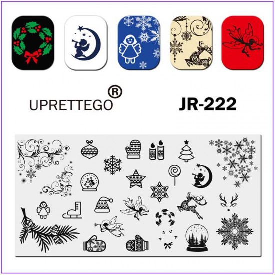 Пластина для печати на ногтях JR-222, зима, звезда, коньки, олень, свеча, снежинки, ангелочки, елка, игрушки на елку