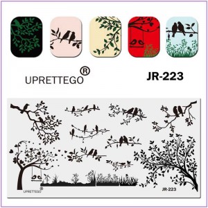 Пластина для друку на нігтях JR-223, стемпінг на нігтях, дерево в серцях, закохані пташки, листя, гойдалка, трава