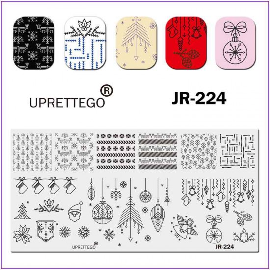 Пластина для печати на ногтях JR-224, новогодние орнаменты, игрушки, елки, снежинки, олени, дед мороз, ангел, свеча