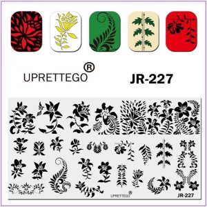 Пластина для друку на нігтях JR-227, пластина для стемпінгу, рослинні орнаменти, вензелі, квіти, листя, кутовий візерунок