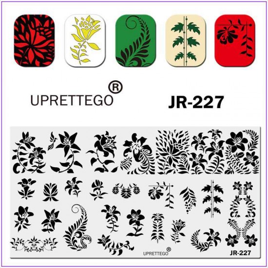 Пластина для печати на ногтях JR-227, пластина для стемпинга, растительные орнаменты, вензеля, цветы, листья, угловой узор