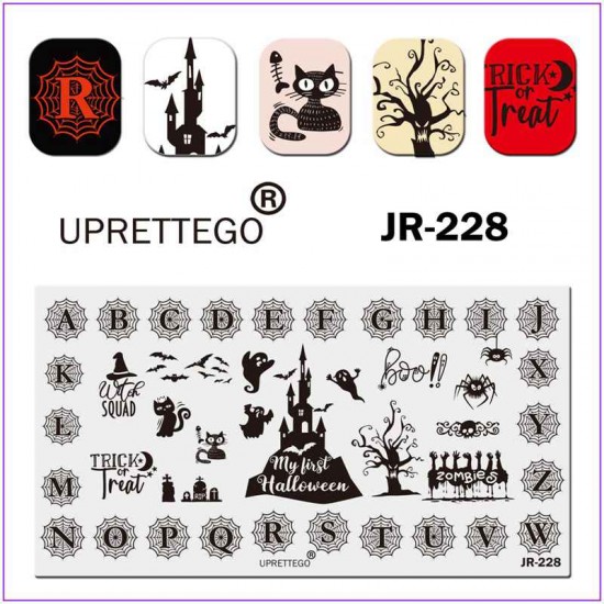 Пластина для печати на ногтях JR-228, Хелоуин, привидение, тыква, паук, паутина, буквы в паутине, зомби, кладбище, шляпа