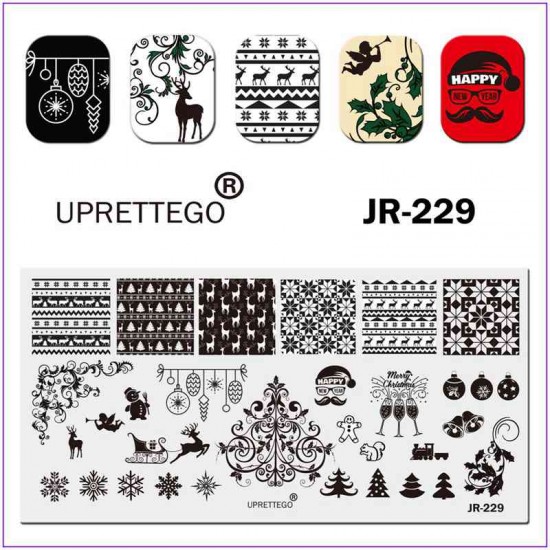 Пластина для печати на ногтях JR-229, стемпинг на ногтях, счастливого рождества, бокалы, олени, шампанское, новогодний орнамент, снеговик