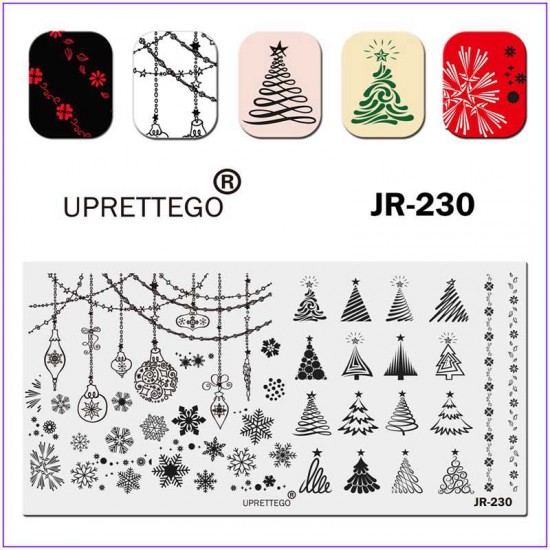 Пластина для печати на ногтях JR-230, елка, новогодние игрушки, гирлянда, снежинки, завитки, фейерверк