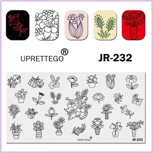 Пластина для друку на нігтях JR-232, кімнатна рослина, вазон, квіти у вазі, тюльпан, ромашка, дзвіночки
