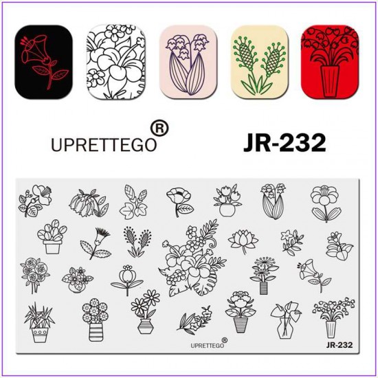 Пластина для печати на ногтях JR-232, комнатное растение, вазон, цветы в вазе, тюльпан, ромашка, колокольчики