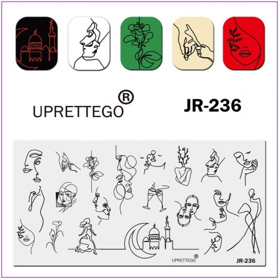 Пластина для печати на ногтях JR-236, все для стемпинга, церковь, девушка. силуэт, лицо, губы, тело, цветы