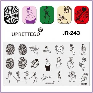 Пластина для друку на нігтях JR-243, відбиток пальця, квітка в руці, алмаз, серце, рука, око, лайк, куля