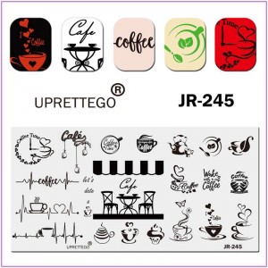Пластина для печати на ногтях JR-245, стемпинг пластина, кофе, чашка, кафе, горячий напиток, сердце, бабочка