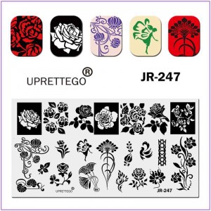 Plaat voor het bedrukken van nagels JR-247, alles voor stempelen, feeën, rozen, pioenrozen, gieten, monogrammen, stippen
