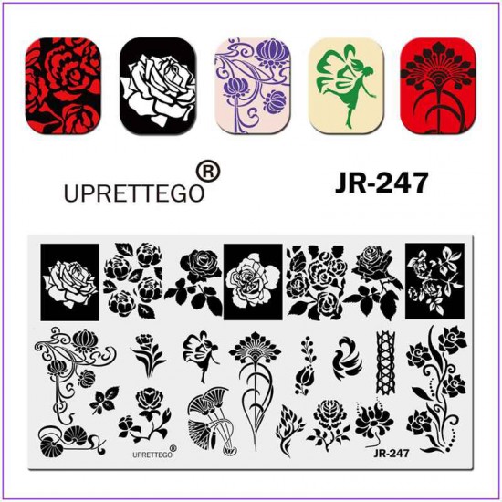 Plaat voor het bedrukken van nagels JR-0247, alles voor stempelen, feeën, rozen, pioenrozen, gieten, monogrammen, stippen