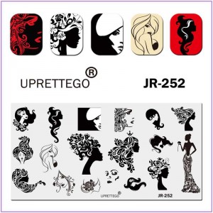 Plaat voor het bedrukken van nagels JR-252, meisje, silhouet, gezicht, lippen, monogrammen, jurk, kapsel, styling