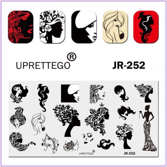 Placa para impressão em unhas JR-0252, menina, silhueta, rosto, lábios, monogramas, vestido, penteado, estilo