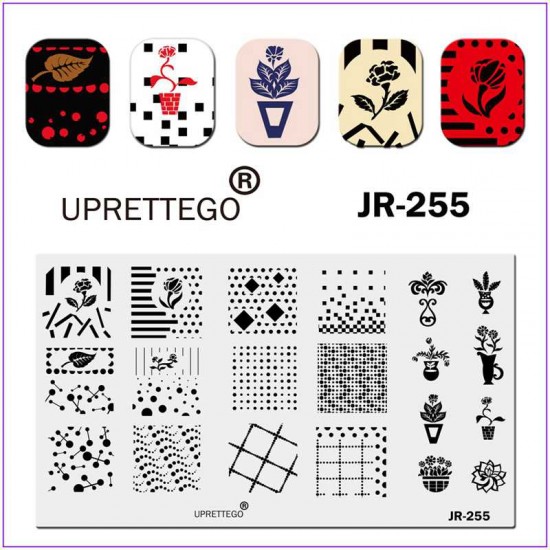 Plaat voor het bedrukken van nagels JR-0255, stempelplaat. geometrisch ornament, patroon, bloemen, stippen, lijnen, huisplanten