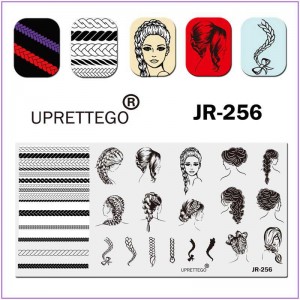 JR-256 Placa de Impressão de Unhas Impressão em Unhas Rosto de Menina Penteado Trança Cabelo Coque Coque Cabelo Ondulado