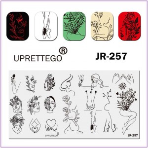 Пластина для печати на ногтях JR-257, девушка, лицо, сердце, силуэт, цветы, ветки зелени на лице, каблуки, пуанты