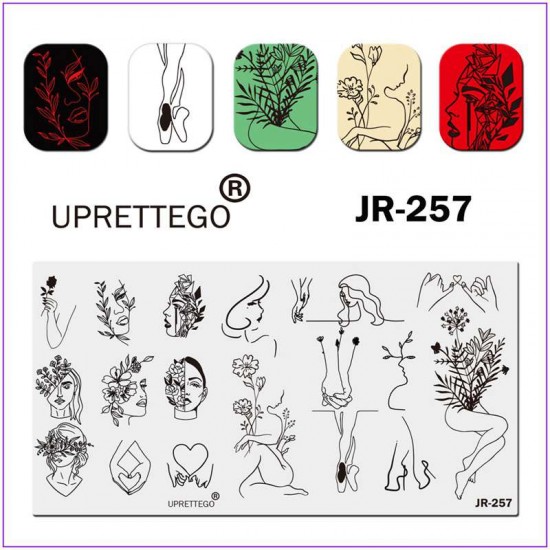 JR-0257 Placa de impresión de uñas Chica Cara Corazón Silueta Flores Ramas Cara verde Tacones Zapatos de punta