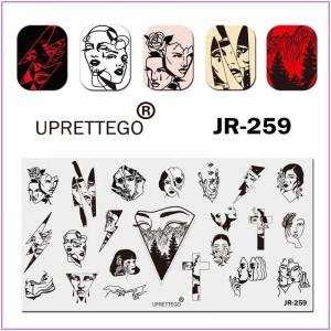 JR-259 Placa de estampado de uñas Cara de niña Cruz Doble Vidrio roto Lágrimas Cuchillo Placa de estampado