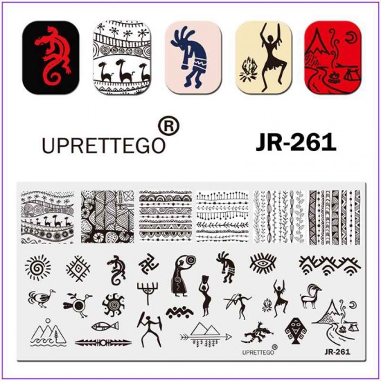 Пластина для друку на нігтях JR-261, Африка, люди, тварини, африканські орнаменти, гори, риби