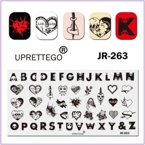 Пластина для печати на ногтях JR-263, буквы с черепом, разбитое сердце, череп, слезы, меч, сердце