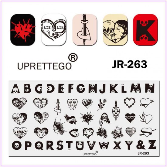 Пластина для друку на нігтях JR-263, літери з черепом, розбите серце, череп, сльози, меч, серце