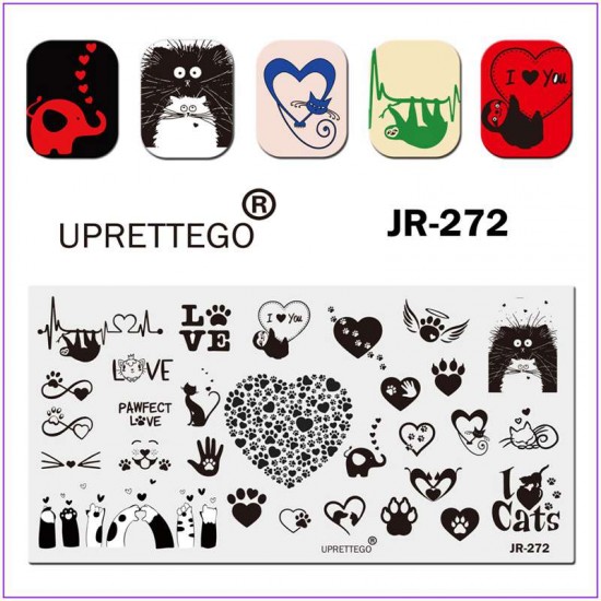 Пластина для друку на нігтях JR-272, стемпінг пластина, смішні котики, слон, вуса, лапки, кохання