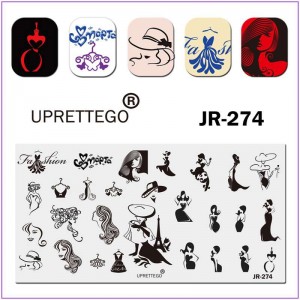 Пластина для печати на ногтях JR-274, стемпинг пластина, силуэт, девушка, платье, дама в шляпе, прическа, мода