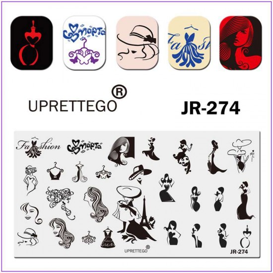 JR-274 Nail Printing Plate Stamping Plate Silhouette Girl Dress Lady Hat Coiffure Fashion-3142-uprettego-estampillage