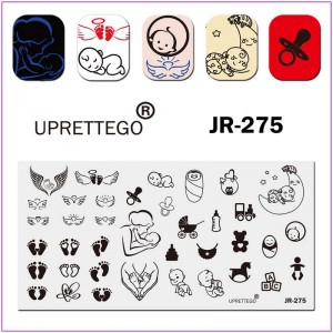 Пластина для печати на ногтях JR-275, мама и ребенок, нежность, любовь, пустушка, бутылочка, следы, игрушки 