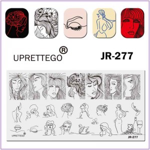 Пластина для печати на ногтях JR-277, стемпинг пластина, девушка, кофе, прическа, волосы, силуэт, тело, губы, глаза, лебедь, шампанское