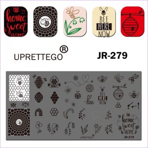 Пластина для печати на ногтях JR-279, стемпинг пластина, пчелы, осы, соты, цветочки, сердца, паук