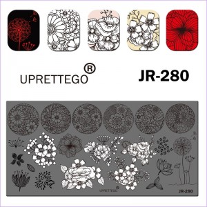 JR-280 Nageldrukplaat, Nagelstempelen, Cirkelpatronen, Bloemen, Ornamenten. kant, paardenbloem